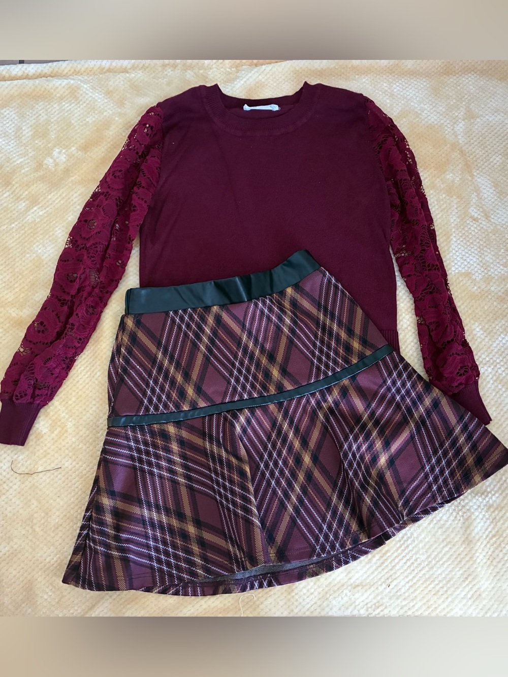 Knit Works Girls 6/6X Burgundy Lace Sweater & Plaid Skirt Holiday Outfit Set